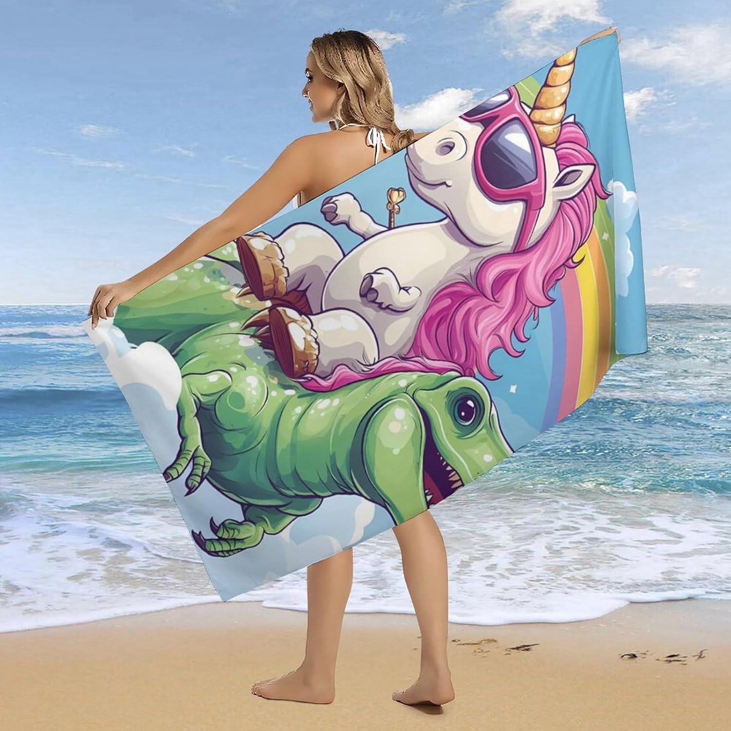 Unicorm on Dinosaur Rainbow Beach Towels Oversized Jumbo Large Yoga Bath Towel for Pool Yoga Swim Body 160x80cm