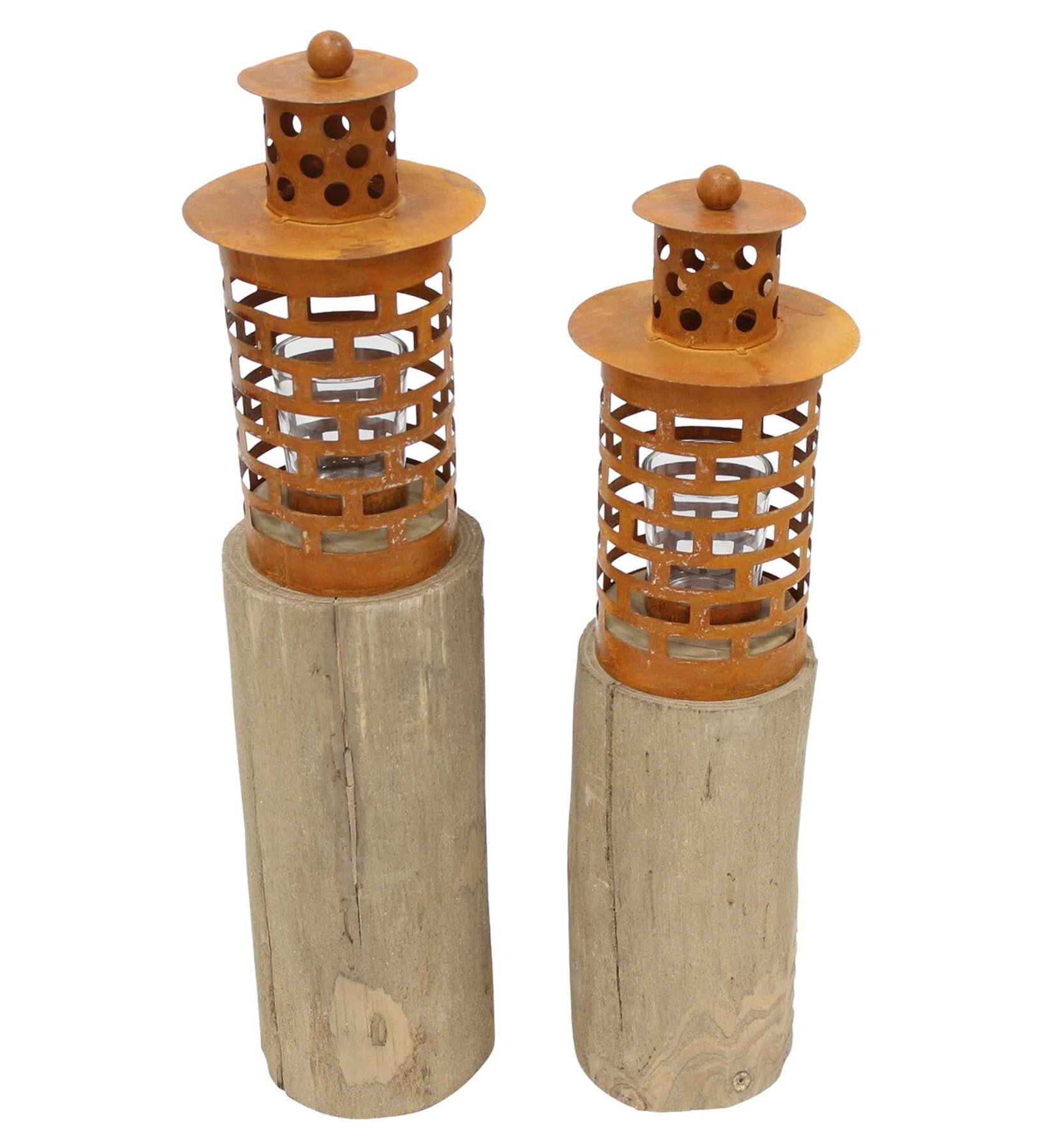 Dekoleidenschaft 2X Windlichtsäule Türmchen aus Holz & Metall in Rost-Optik, 43 + 50 cm hoch, Holzsäule, Kerzenhalter