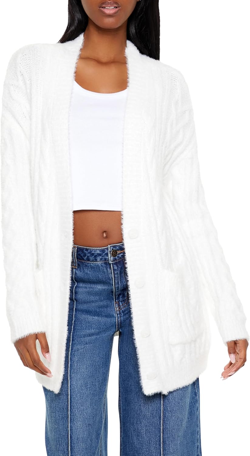 Forever 21 Womens Fuzzy Cable Knit Cardigan Sweater
