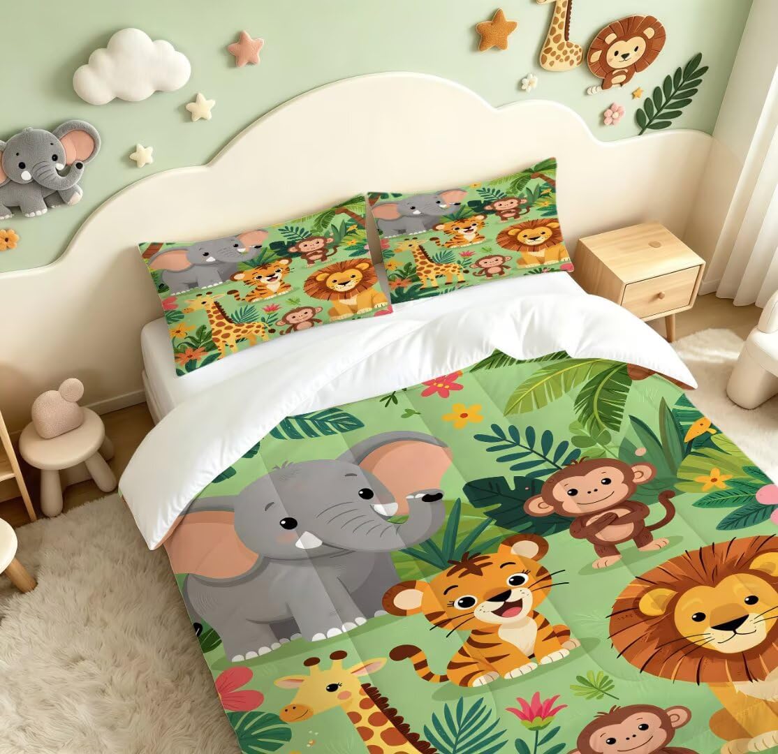 Cute Animal Comforter Set Twin Size Zoo Jungle Bedding Sets for Boys Girls Kids Teens Bedroom Cartoon Elephant Monkey Giraffe Lion Tiger Quilt 1 Comforter 1 Pillowcase
