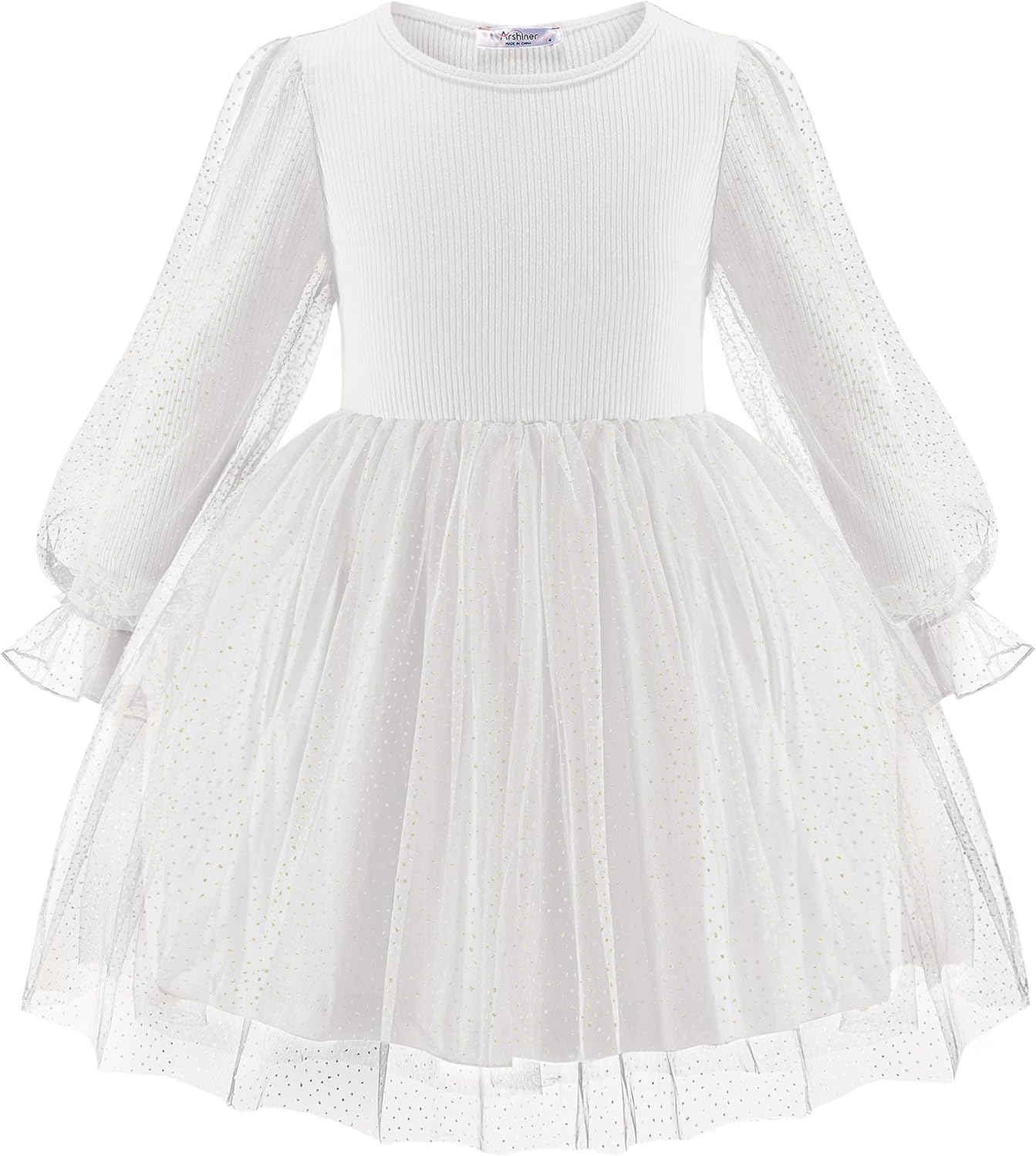 Arshiner, Meisjesjurk, tule jurk, lichte tussenlagen, lange mouwen, A-lijn, elegante lantaarnmouwen, feestjurk, modieus, feestelijk, casual, herfst, winter, jurk voor meisjes van 2-7 jaar, Wit, 6-7