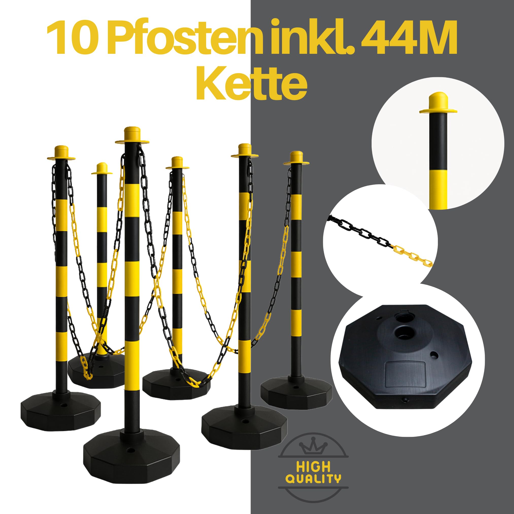 10er Set Absperrpfosten Gelb-Schwarz mit 44 m Kette – Robuste Absetzpfosten aus Kunststoff für Innen & Außen – Warnpfosten, Absperrband, Verkehrssicherung