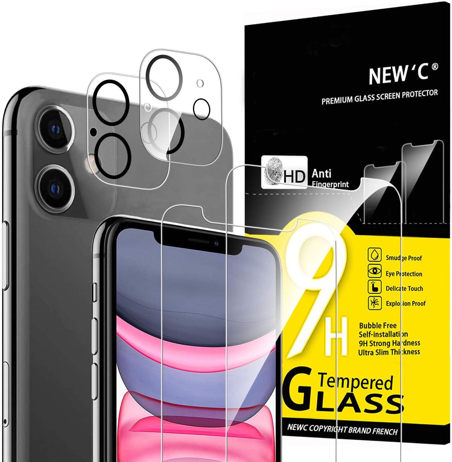 NEW'C 4 Pack, 2 Pack for iPhone 11 Screen Protector + 2 Pack Camera Lens Protector, Sensor Protection,Case Friendly Tempered Glass Film