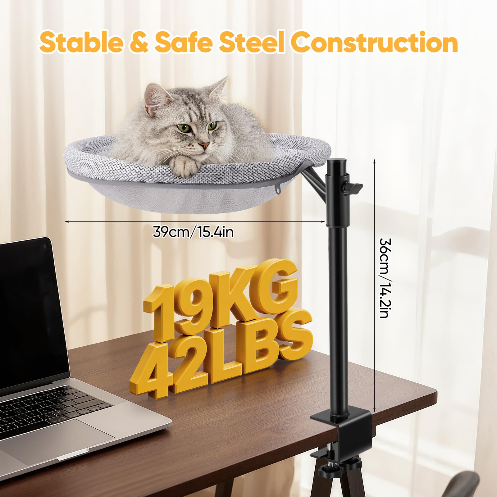 Lit de Bureau pour Chat, Panier Chat Bureau avec Rotation à 360° Hauteur Réglable, Tissu en Maille, Housse Lavable, Desk Bed for Cats pour Bureau à Domicile, Jusqu'à 19 kg (42 lbs)