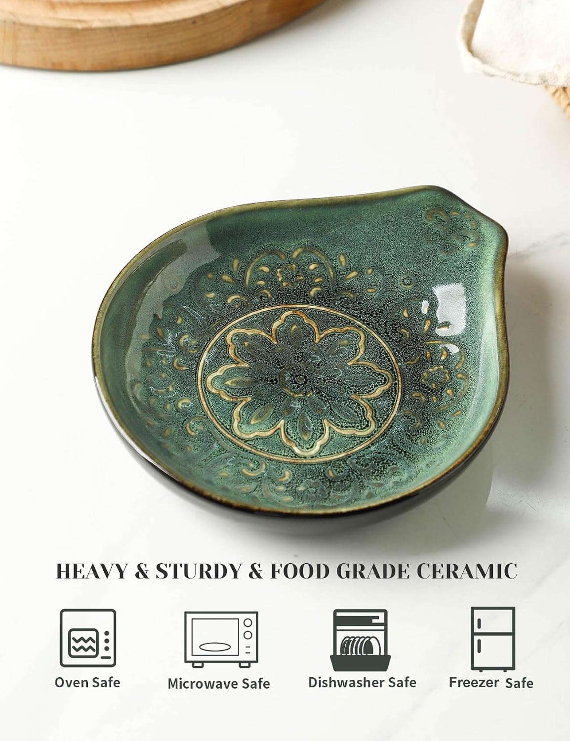 Spoon Rest for Stove Top, Ceramic Cooking Spoon Holder for Kitchen Counter, Farmhouse Cooking Utensil Holder for Spoons, Ladles, Spatula, Glazed Vintage Green