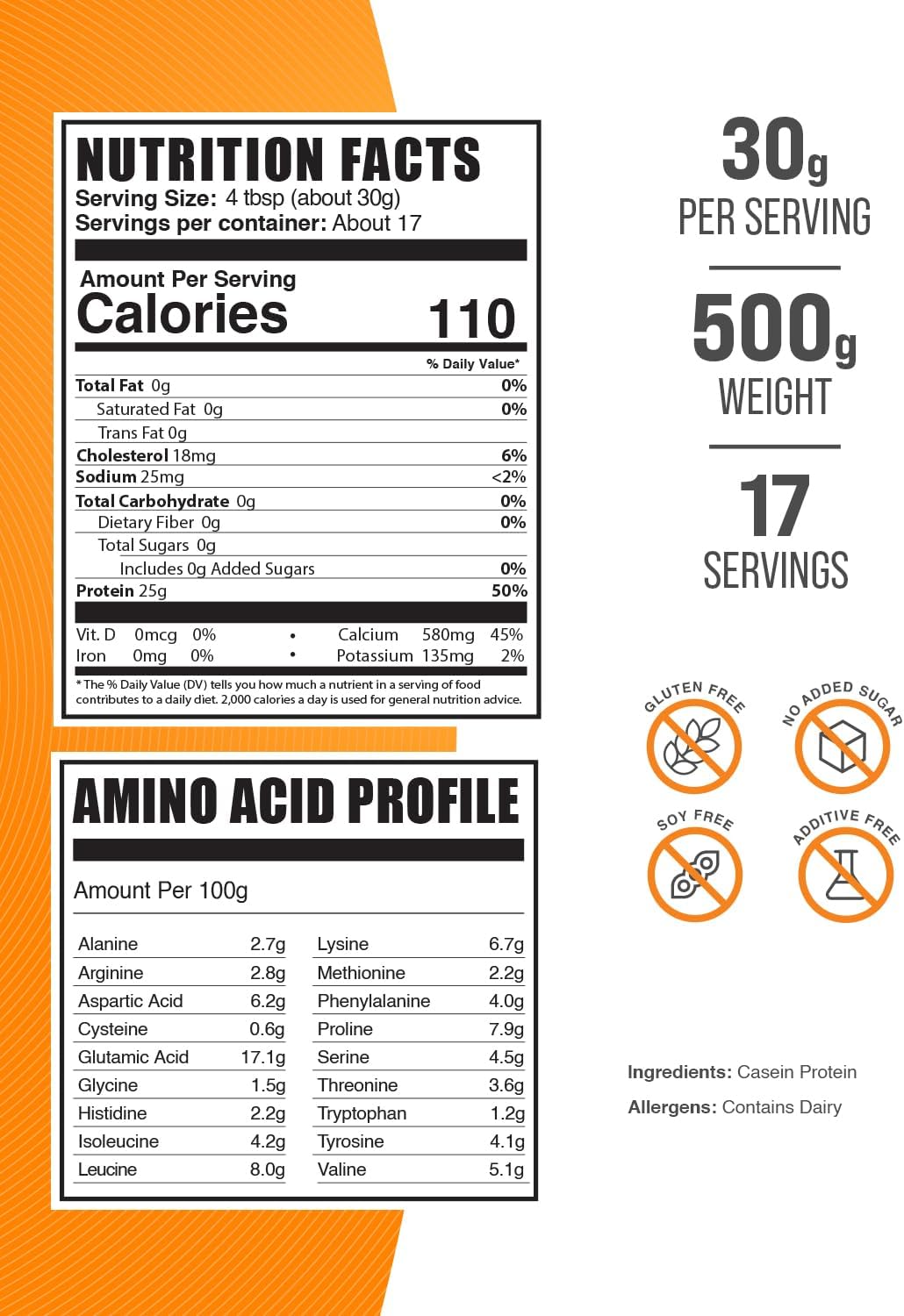 BulkSupplements.com Casein Protein Powder - Micellar Casein Powder, Slow Digesting Protein - Unflavored & Gluten Free, 30g per Serving, 500g (1.1 lbs) (Pack of 1)