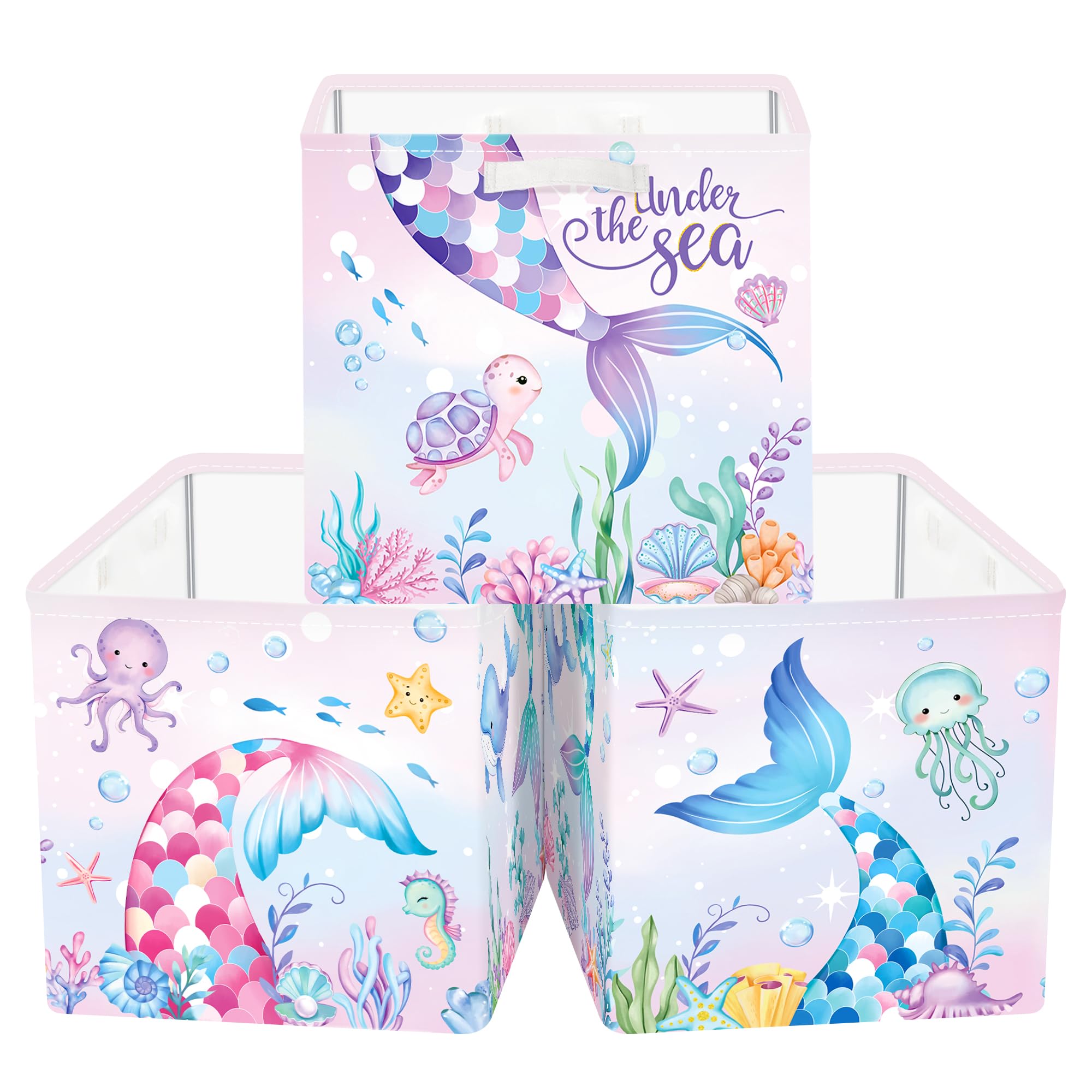 Clastyle 3 pcs Mermaid Kids Cube Storage Unit Boxes Foldable Storage Baskets for Shelves Girls Nursery Hamper Basket Book Clothes Toy Box Organizer,Colorful Tail,11.8x11.8x11.8 in