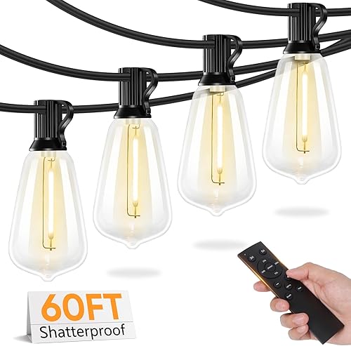 Miniatura 19 de Brightever - Guirnalda de luces LED para exterior con control remoto, 200 pies, 62 bombillas ST38 inastillables vintage, luces regulables, Negro