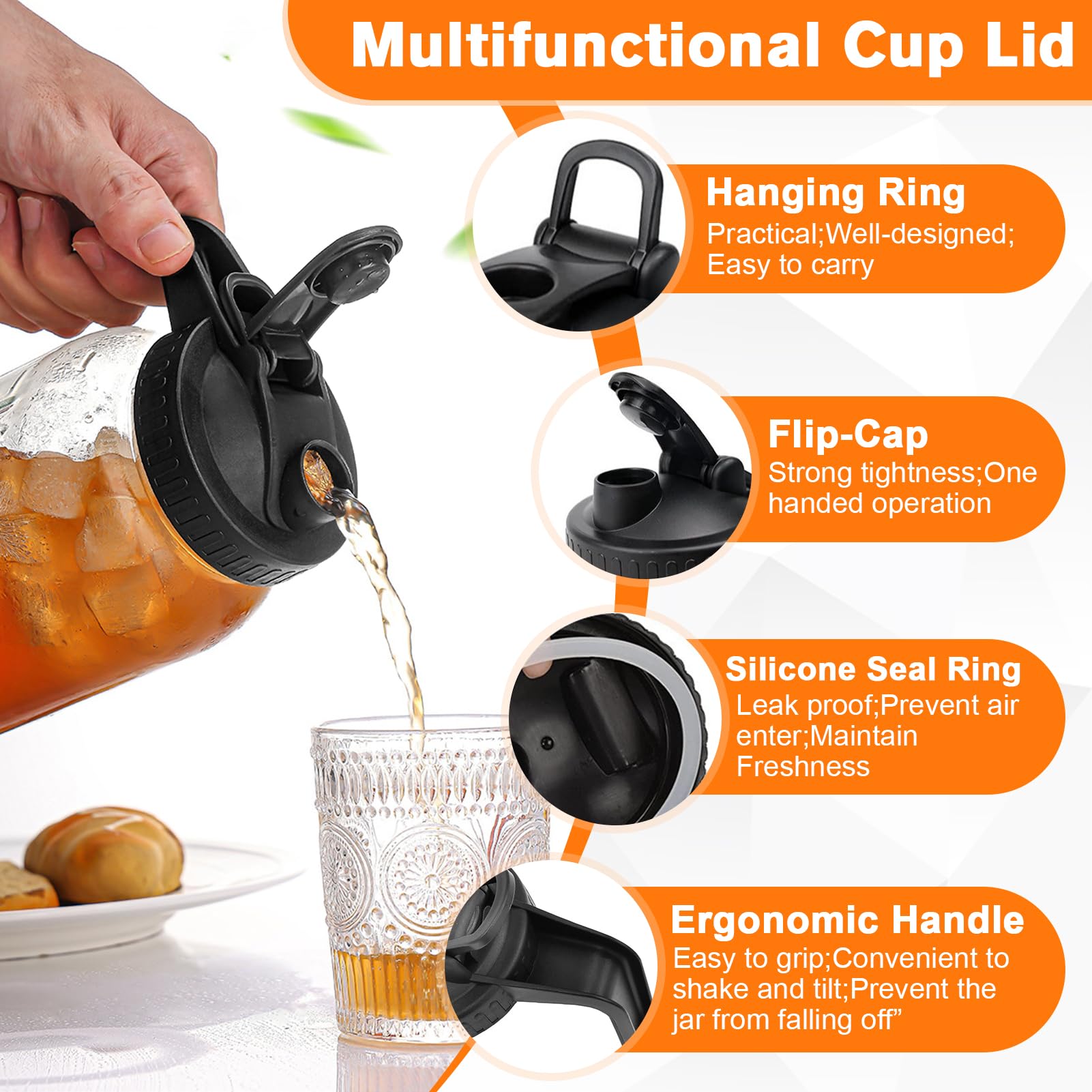 Jarra de vidrio de 32 onzas con boquilla de vertido y asa, jarra de boca ancha a prueba de fugas para café frío, té helado, jugo, limonada, té solar, bebidas de frutas, tapa hermética para