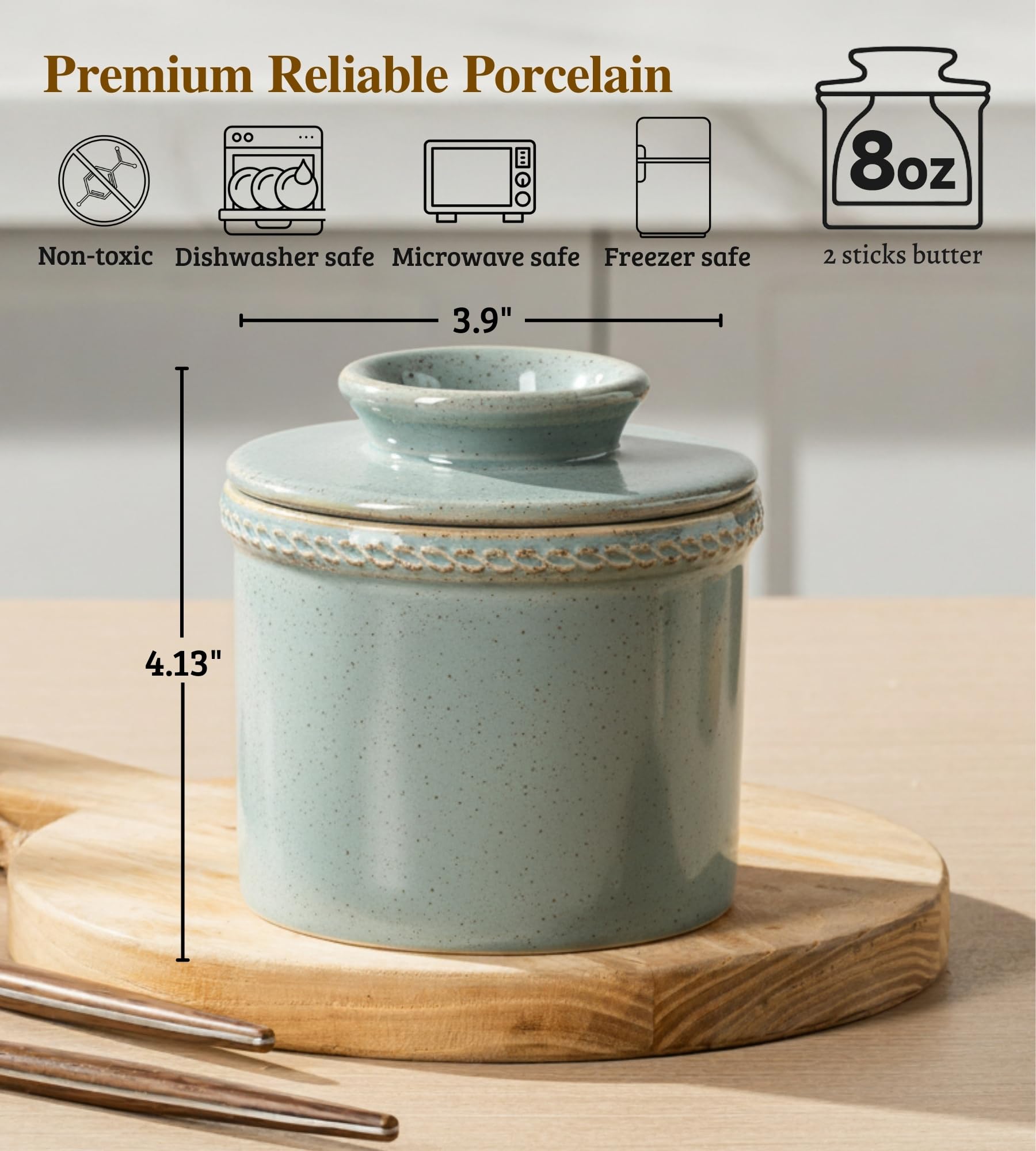 Französische Butterdose mit Deckel, Keramik Butterglocke mit Wasserlinie, Butter Keeper ohne Kühlung für streichfähige Butter, 250g, Sternenblau