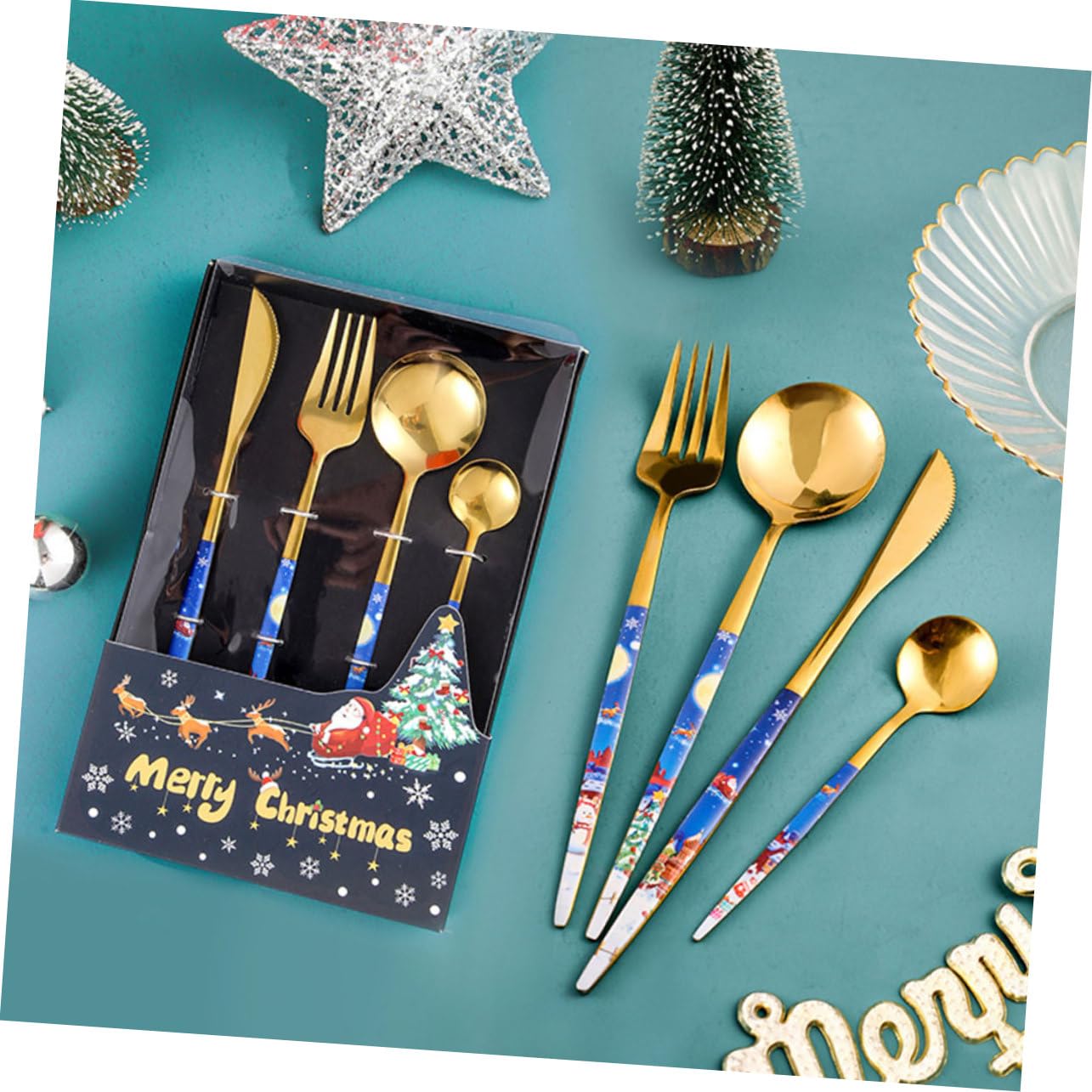 SHOWERORO 4juegos Cubiertos De Inoxidable para Navidad Cuchara Tenedor y Cuchillo Utensilios De Mesa Diseño Temático para Comidas Festivas y Banquetes De Navidad