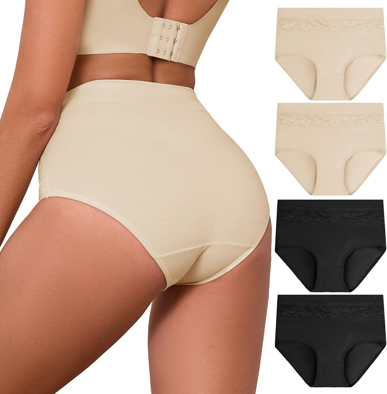 4Pack Women's Briefs High Waist Tummy Control Cotton Underwear Jacquard Lace Panties for Women Ladies Panty
