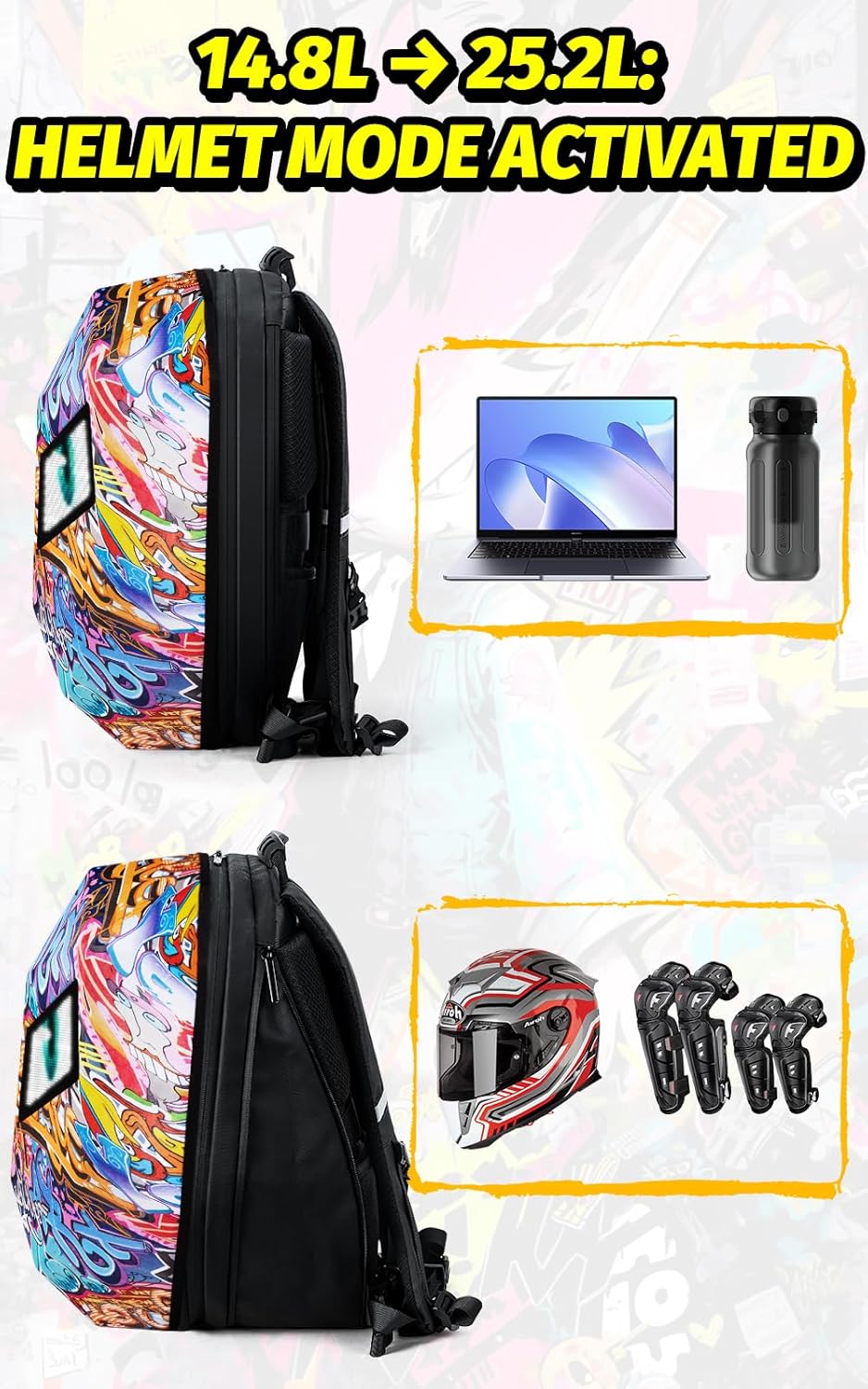 Gelrova [Batteries not included] Graffiti Style 2-in-1 Hardshell LED Backpack Set: Knight Motorcycle Backpack and Devil Eye Crossbody Bag, Graffiti