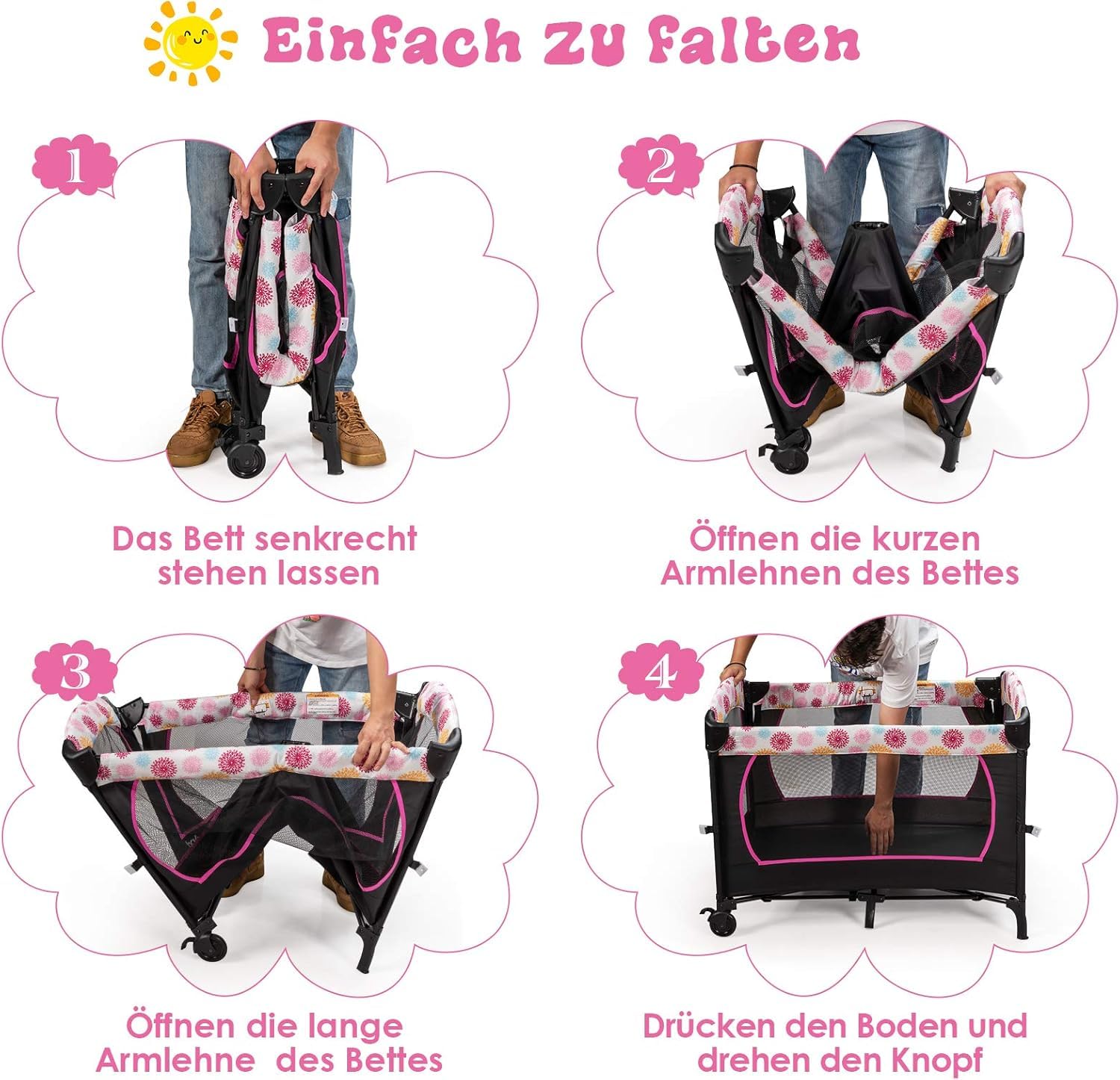 FANTASK Lettino da viaggio pieghevole 4 in 1 fino a 15 kg, culla mobile, lettino e fasciatoio e box a 2 livelli, regolabile in altezza con custodia, materasso e carillon