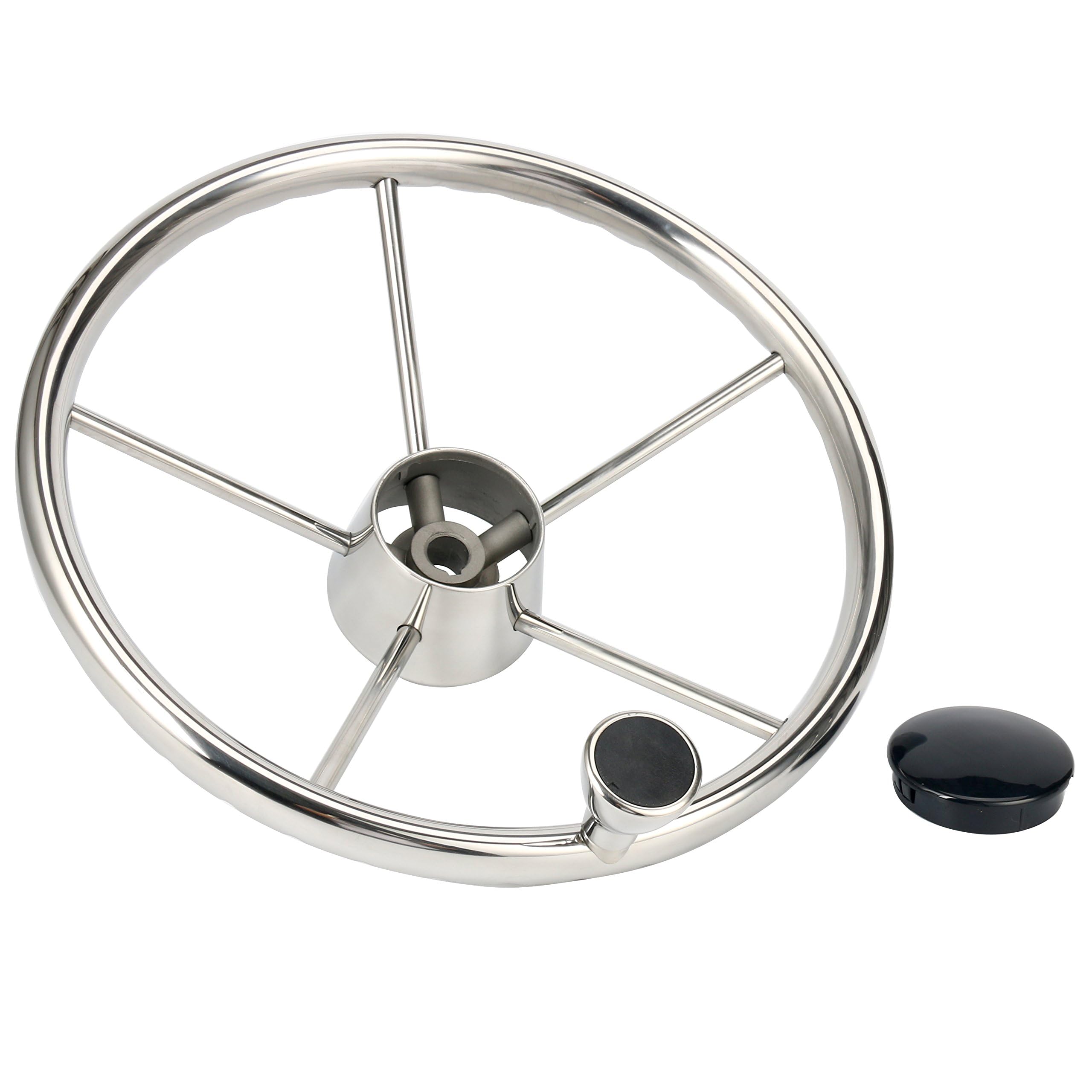 BOOMSTART Timone per barca 5 razze Ø 343 mm (13 1/2 pollici) argento con coperchio nero e pulsante taglia M, per barca a pontone, yacht universale