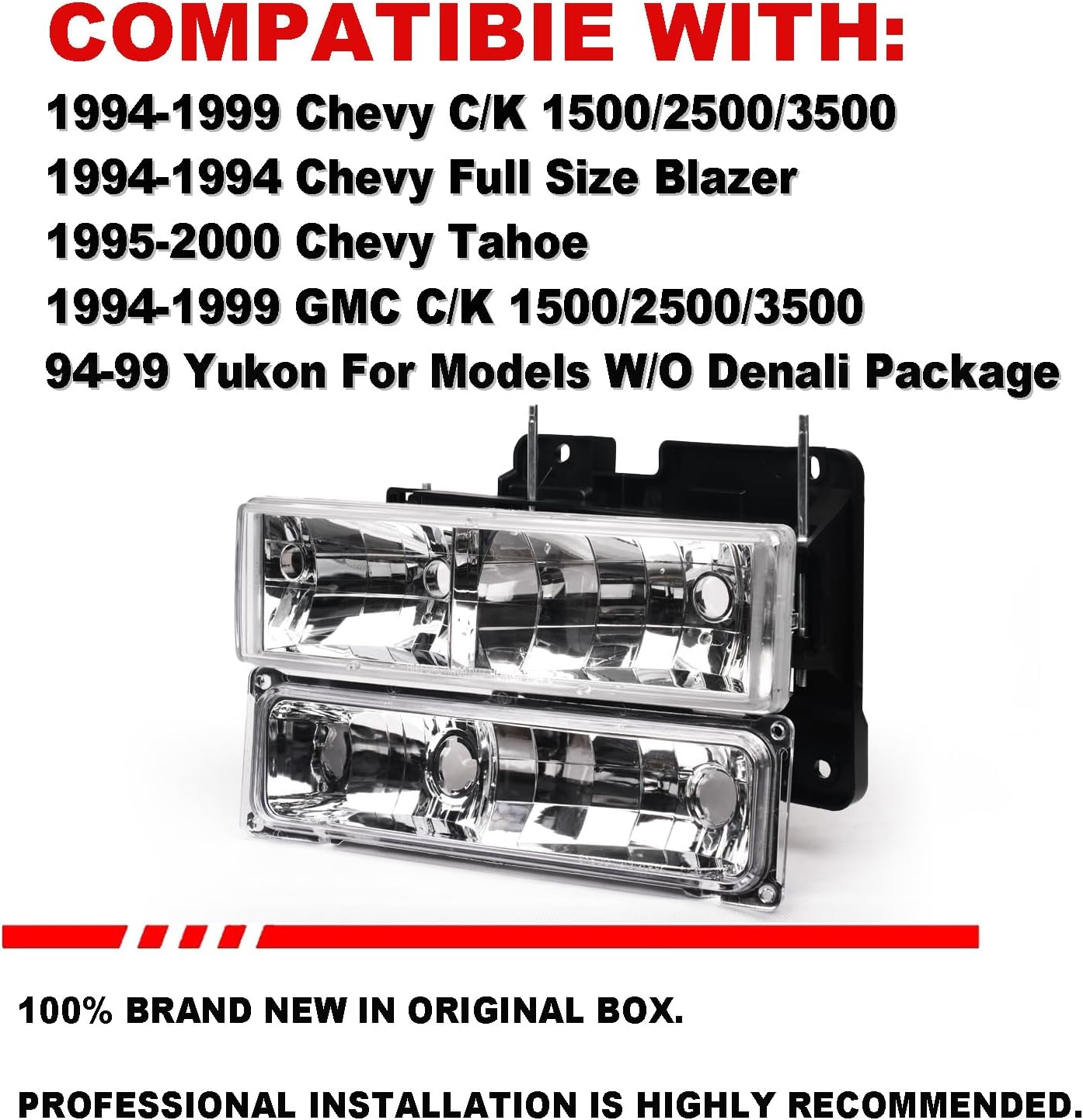 Headlight Assembly with Bumper Lights Compatible with 1994-1999 Chevy GMC C/K 1500 2500 3500 Silverado Suburban Tahoe Yukon Headlamp