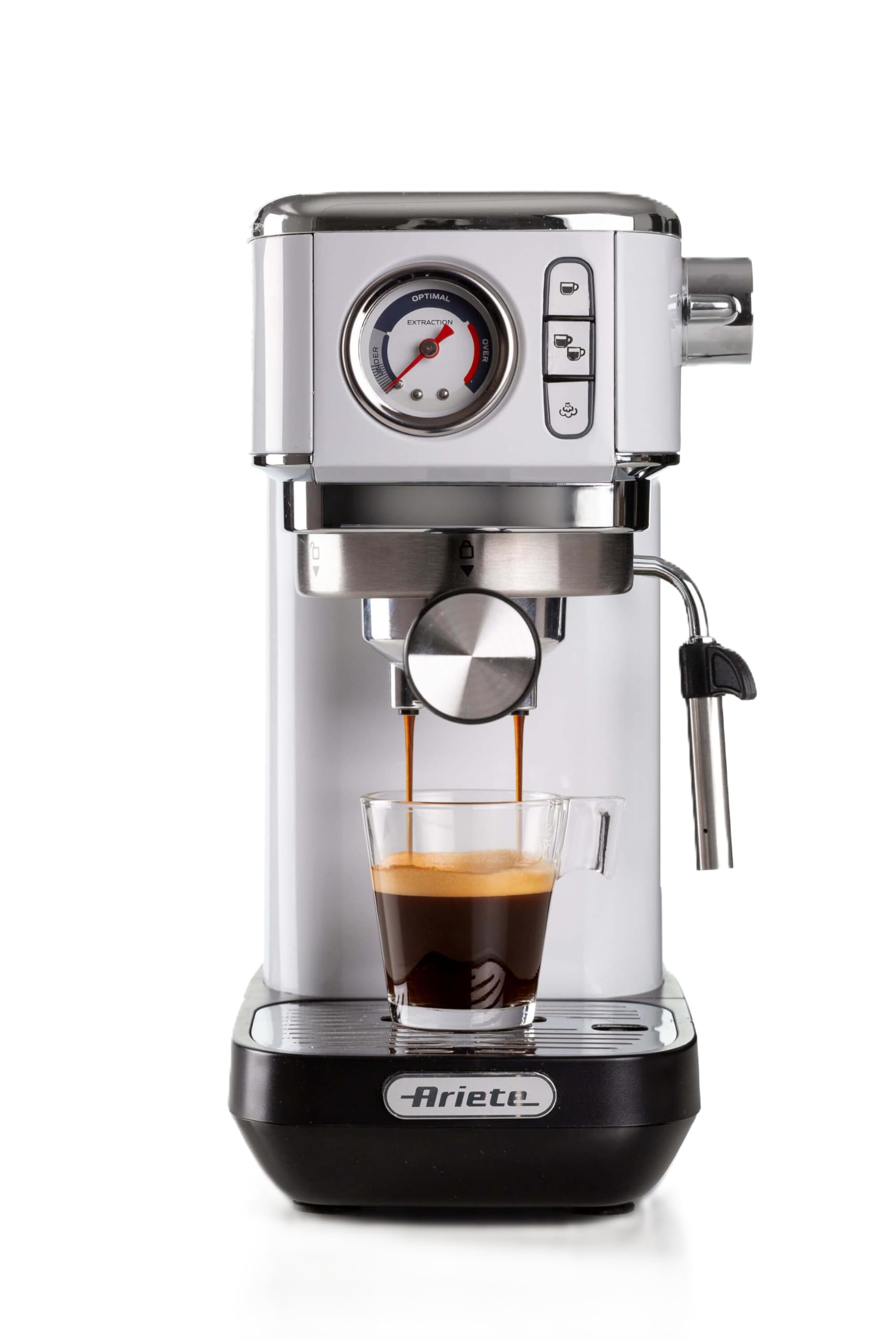Ariete 1381 Cafetera con manómetro, compatible con café en polvo y monodosis ESE, 1300 W, capacidad 1,1 l, 15 bares de presión, filtro ½ tazas, dispositivo Cappuccino, blanco