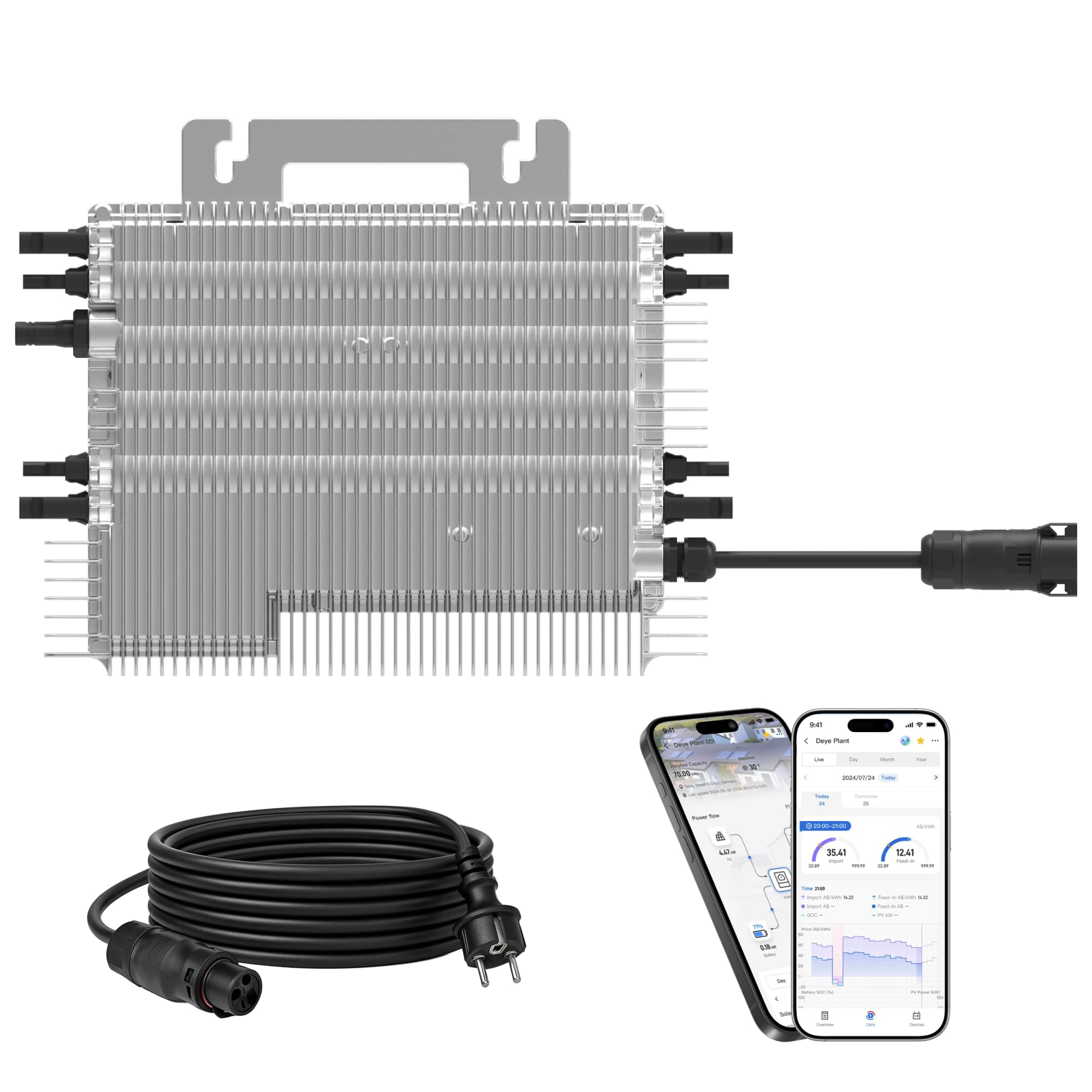 DEYE Mikro-Wechselrichter 2000 W SUN-M200G4-EU-Q0 inkl. 5m Anschlusskabel für Mini-PV Solaranlage Balkonkraftwerk, IP67 wetterfest, 4 MPPT, WiFi, Micro Inverter