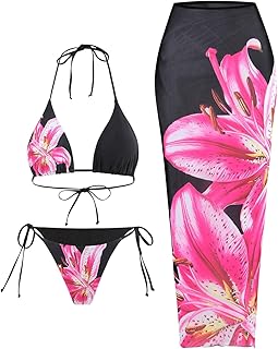 Women's Halter Triangle Bikini Sets Floral 3 Piece Swimsuit Bathing Suit Cover Up Long Skirt - Buy now