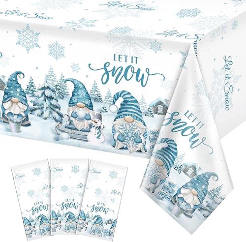 3 manteles de gnomo de invierno de Navidad, desechables de plástico, diseño de copo de nieve, árbol de Navidad, color azul hielo, para decoración y