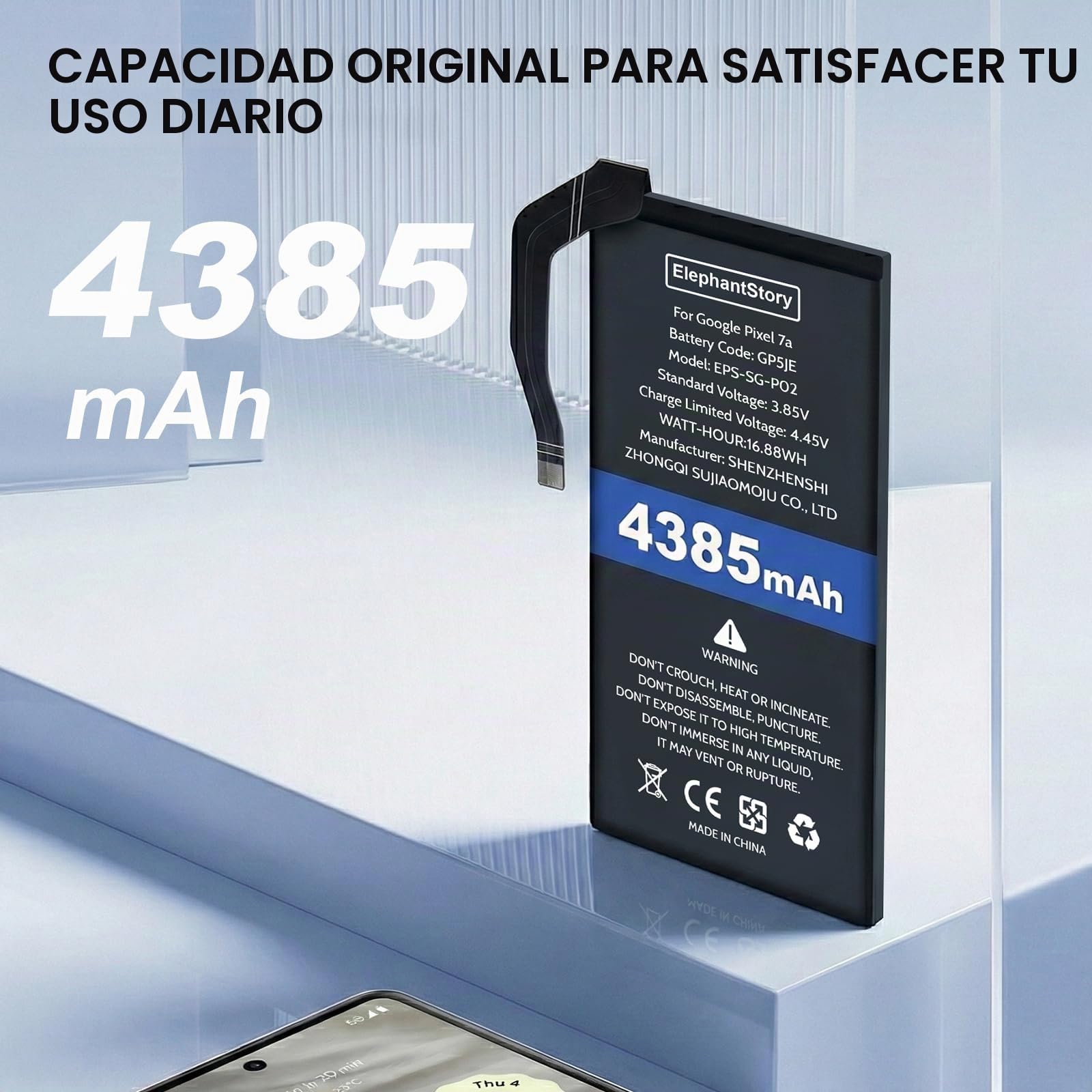 ElephantStory GP5JE Batería para Google Pixel 7A, 4385mAh Alta Capacidad Baterias de Polímero de Litio Compatible con Modelo GWKK3 GHL1X G0DZQ G82U8, Kits de Herramientas de Reparación Completa Dentro