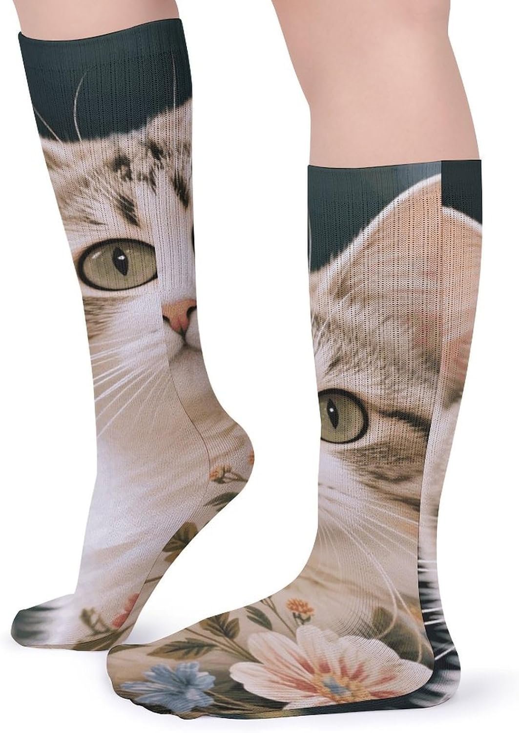 5-Pack Knee High Socks, 15.7 Inch Breathable Casual Socks Floral Cat Stockings for Men Women