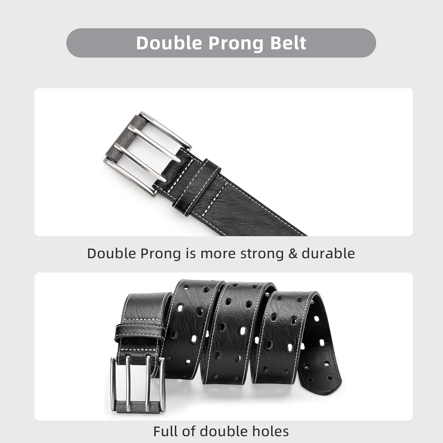 Men's Leather Fashion Double Prong Belt Classic Casual Heavy Duty Work Belts For Jeans Pants - Image 2