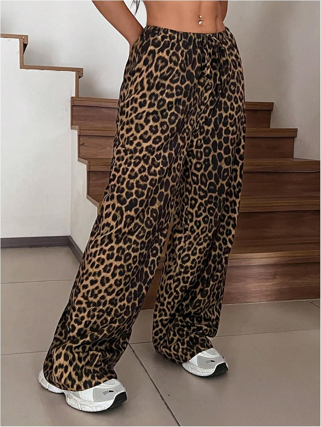 Floerns Women's Drawstring Waist Leopard Print Trousers Tie Front Wide Leg Pants - Image 4
