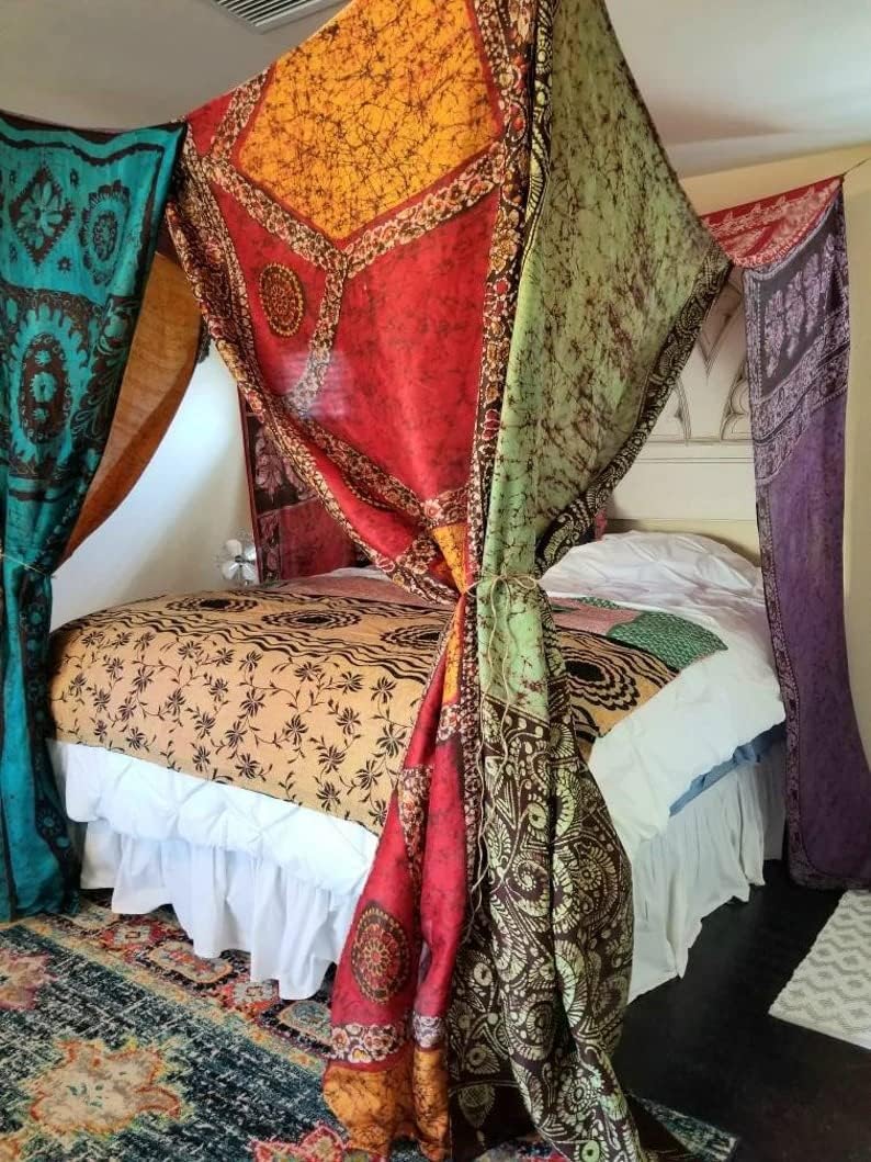 Bed Canopy Curtains Hippiewild Boho Curtains Bohemian Blue Decor India Silk Sari Saree Made to Order Queen Purple Over Bed Tent (Full(53"x78"x78"))