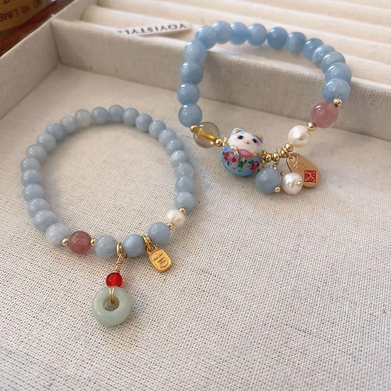 Lucky Cat Bracelet for Women, Blue Crystal Feng Shui Good Luck Jade Jewelry Ceramic Cat Pendant for Wealth Protection Motivational Positive Energy Meaningful Gift - Image 7