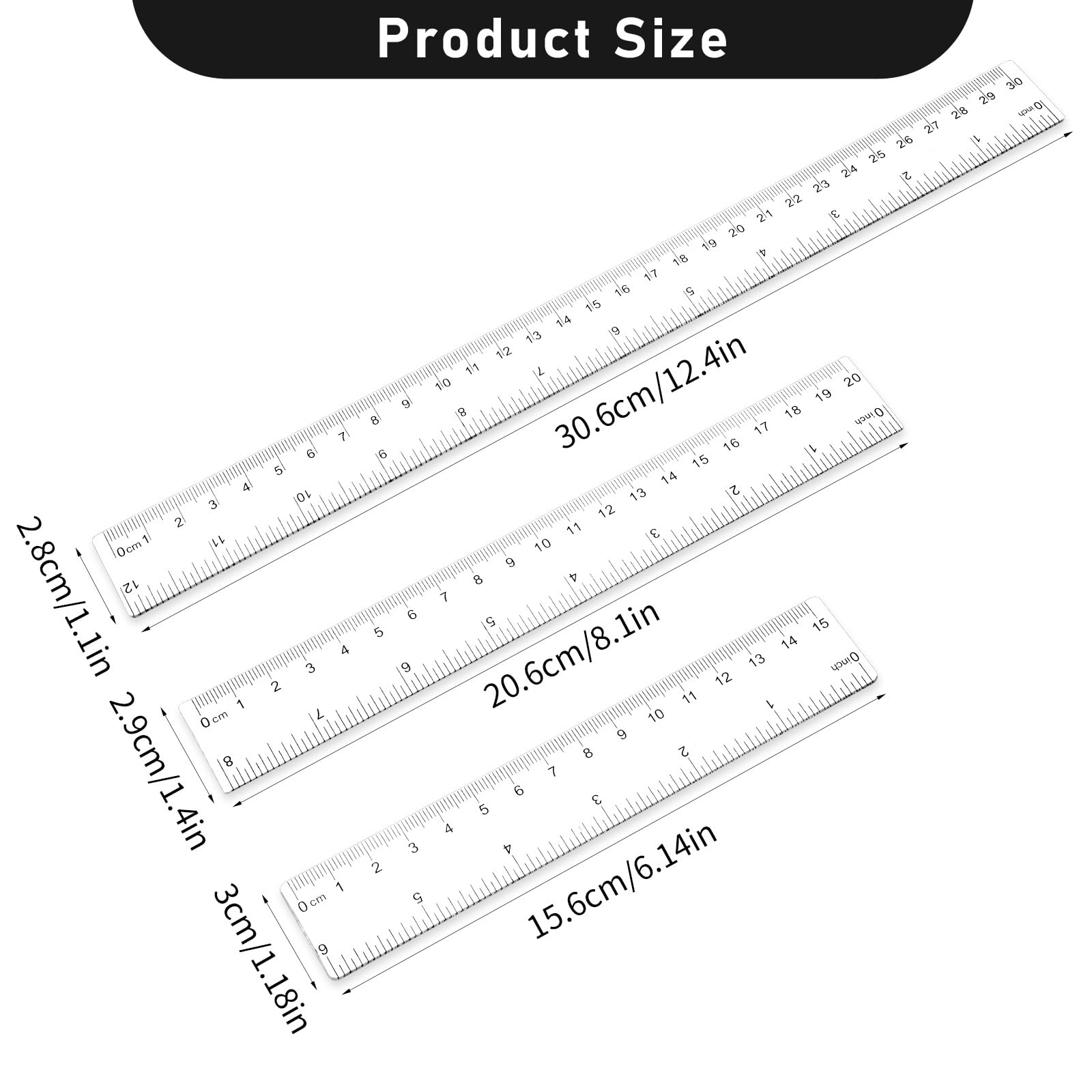 3 Pack 6 Inch 8 Inch 12 Inch Ruler Clear 3 Size Small Ruler Plastic Straight Rulers with Centimeters and Inches, Shatterproof Measuring Tools for School, Office and Home - Image 2