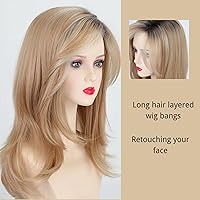 Vista 3 de Fencca Pelucas rubias degradadas con reflejos para mujer, peluca ondulada en capas con flequillo, sintética natural, resistente al calor