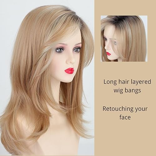 Miniatura 4 de Fencca Peluca larga rubia ombré ondulada natural con flequillo en capas, pelucas rubias sintéticas para mujeres blancas