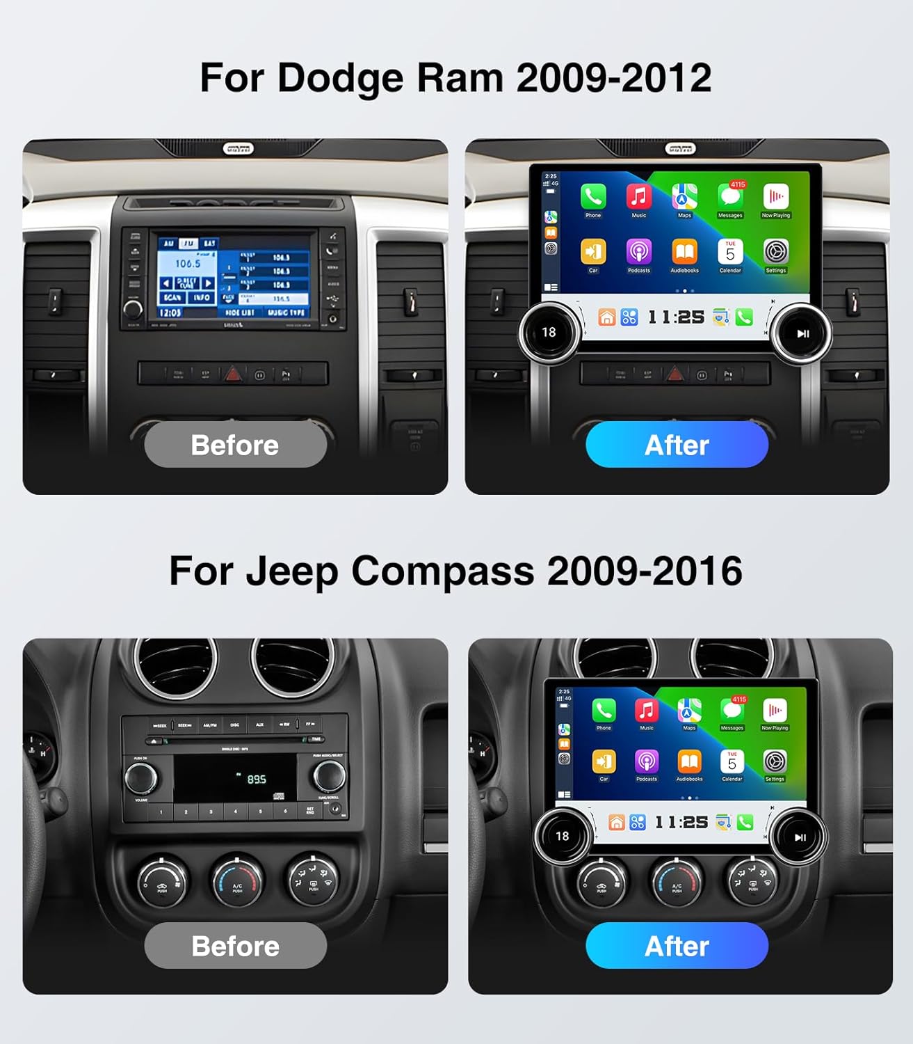 Comparison of the dashboard before and after installing the AINAVI car stereo in a Dodge Ram and Jeep Compass.