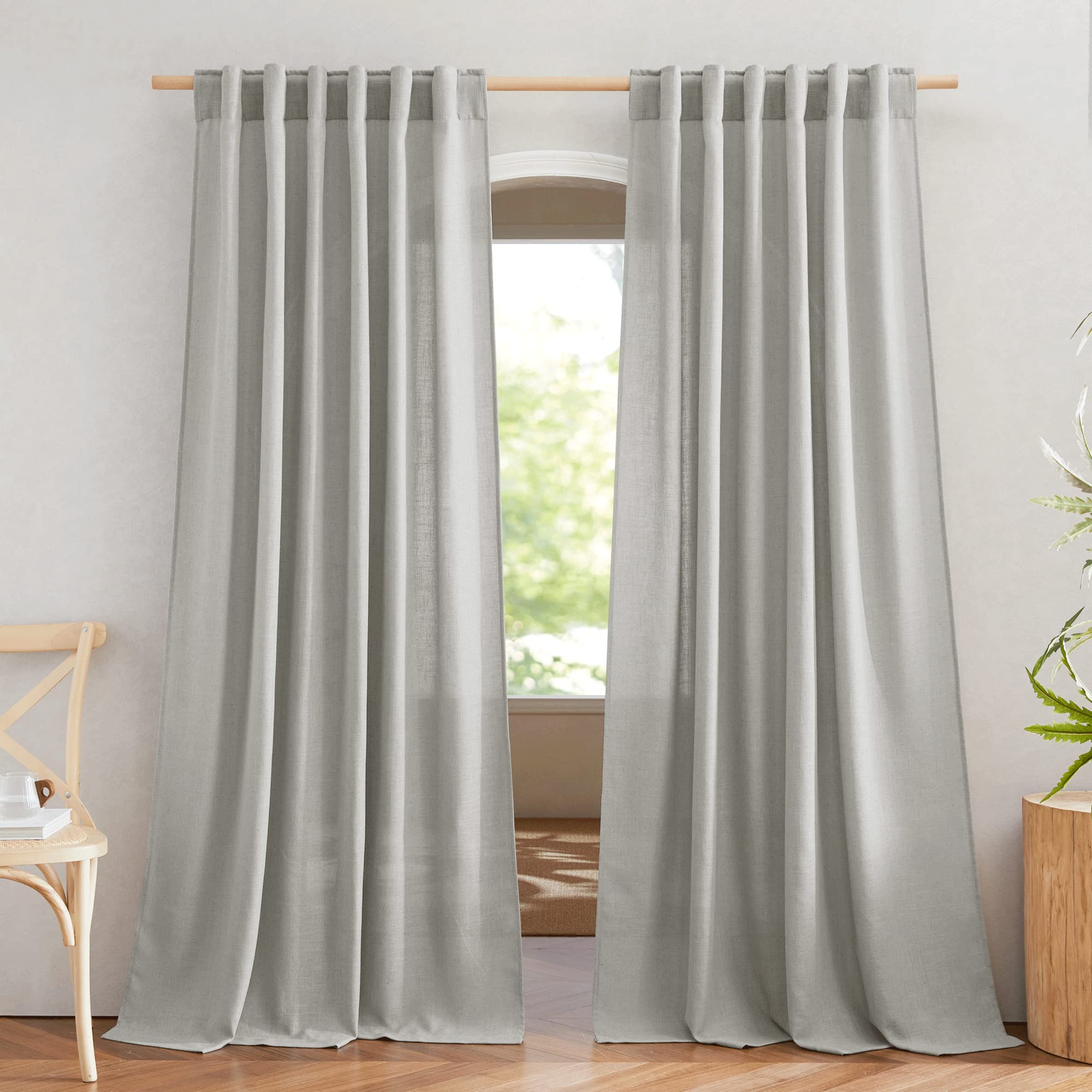 NICETOWN NICETOWN Linen Gray Curtains for Bedroom, Rod Pocket & Back Tab Flax Linen Burlap Semi Sheer Eclectic Window Treatments Privacy with Light Filtering for Boys Room/Living Room, W52 x L95