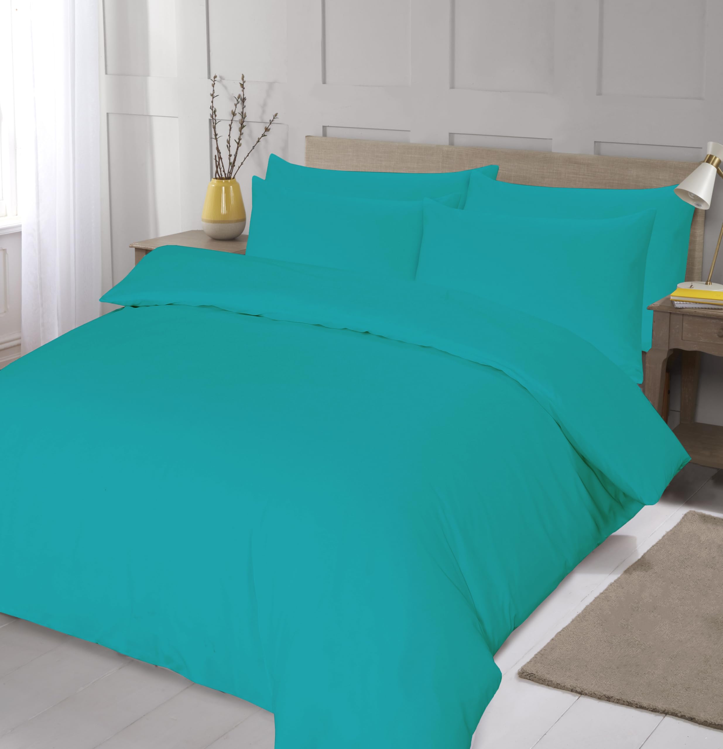 Home Living NON IRON Luxury Easycare Plain Dyed Duvet Cover & Pillow Case(s) Bedding Set (Teal, Single) — image 1