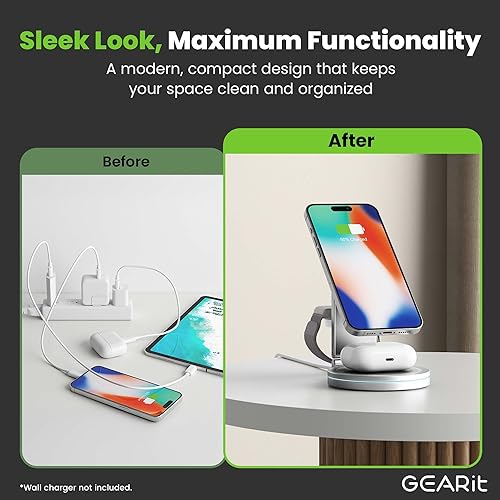Miniatura 5 de GEARit Estación de carga inalámbrica 3 en 1 soporte de cargador compatible con Magsafe para teléfono, reloj, auriculares iPhone 14, 15, 16, 16 Pro,
