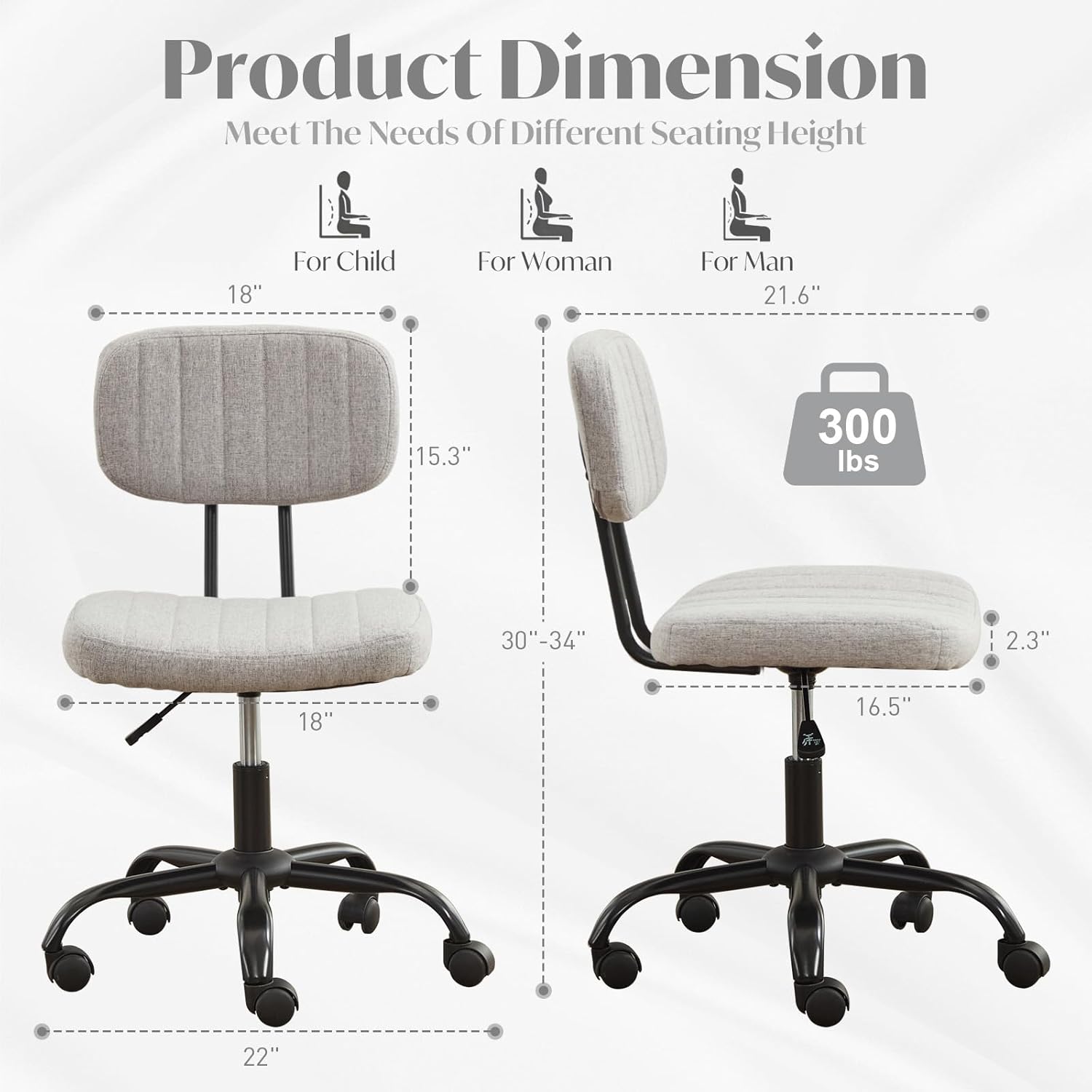 BINGTOO Gray Armless Office Chair with Wheels, Linen Fabric Small Computer Desk Chair, Adjustable Height Swivel Task Chair with Higher Back for Home Office, Bedroom, Vanity