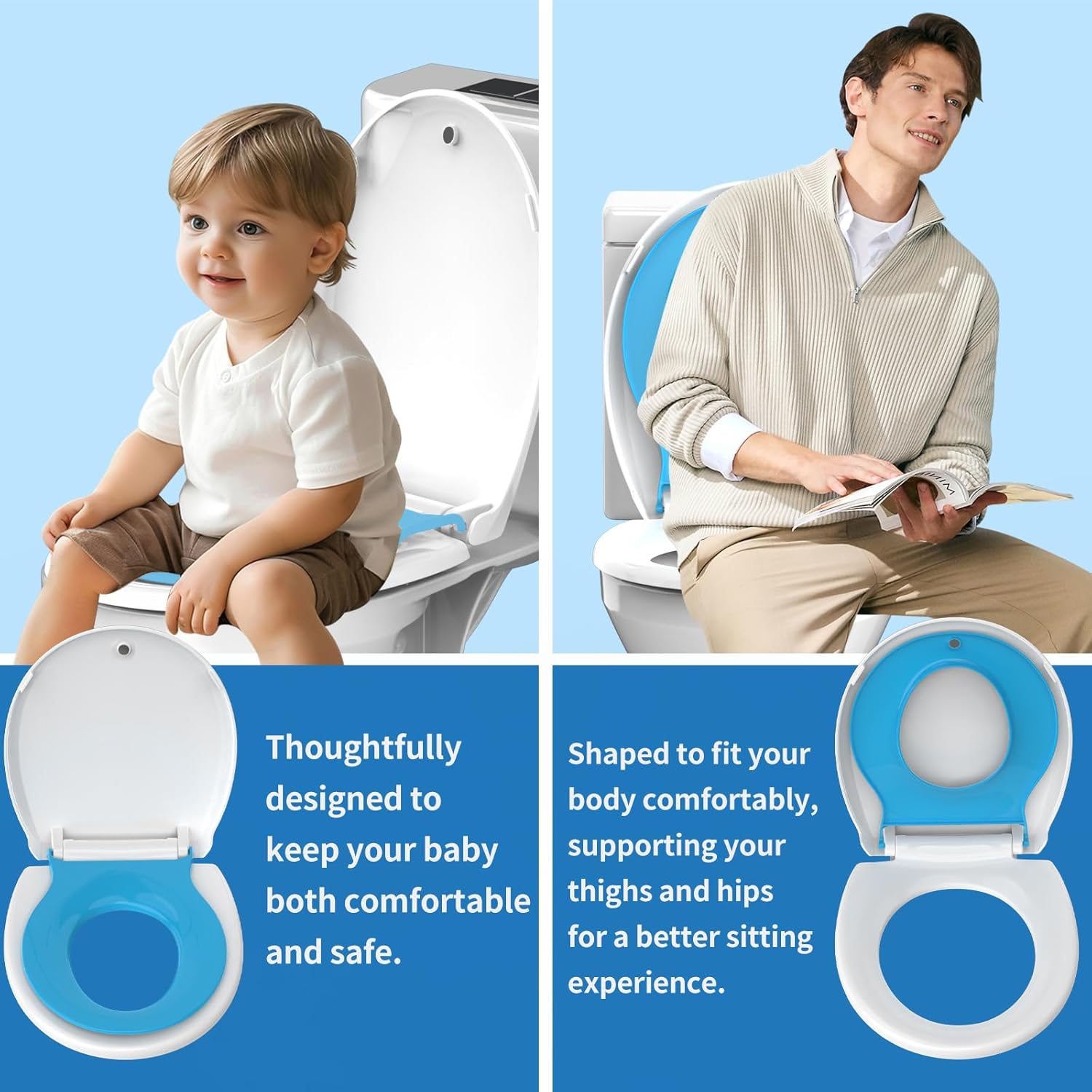 Round Toilet Seat 16.5'' with Toddler Seat Built in, Potty Training Toilet Seat Round Fits Both Adult and Child, Slow Close With Magnets- Round,No Slapping,Easy Installation,Safe PP Material,Blue