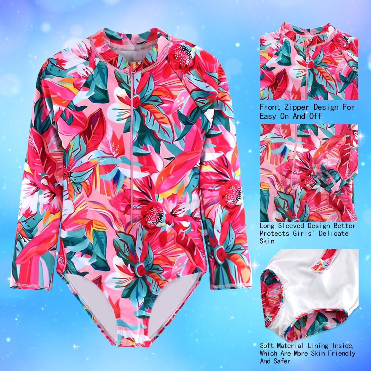 Girls Swimsuits One Pieces Long Sleeve Swimwear UPF50+ Toddler Kids Zipper Sun Protection Bathing Suits Sizes 2-12 - Image 3