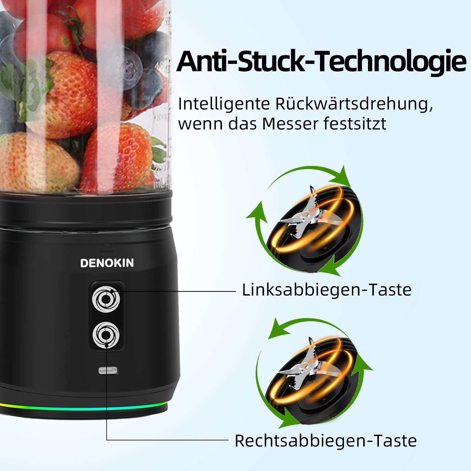 DENOKIN Tragbarer Mixer, 700ml Smoothie Maker to Go, Mini-Standmixer mit 6-Klingen Edelstahl, Wiederaufladbarem Typ-C Portable Blender mit Reisedeckel, BPA-freie, Blade-Reversal-Technologie