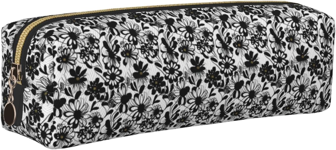 Black and White Flowers Print Pencil Case Adults Daily Office Supply Storage Pen Bag Stationery Organizer