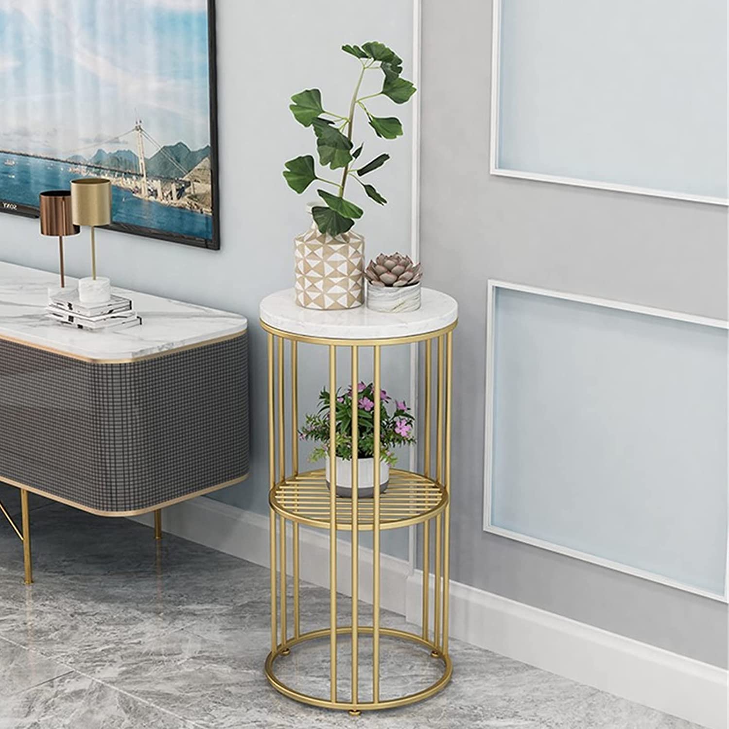 Weston Crafts Round Side Table, Compact Plant Display Stand Accent Corner Furniture Wooden Sofa Tables with 2 Tier Shelves for Small Spaces(Size:55CM,Color:Gold)