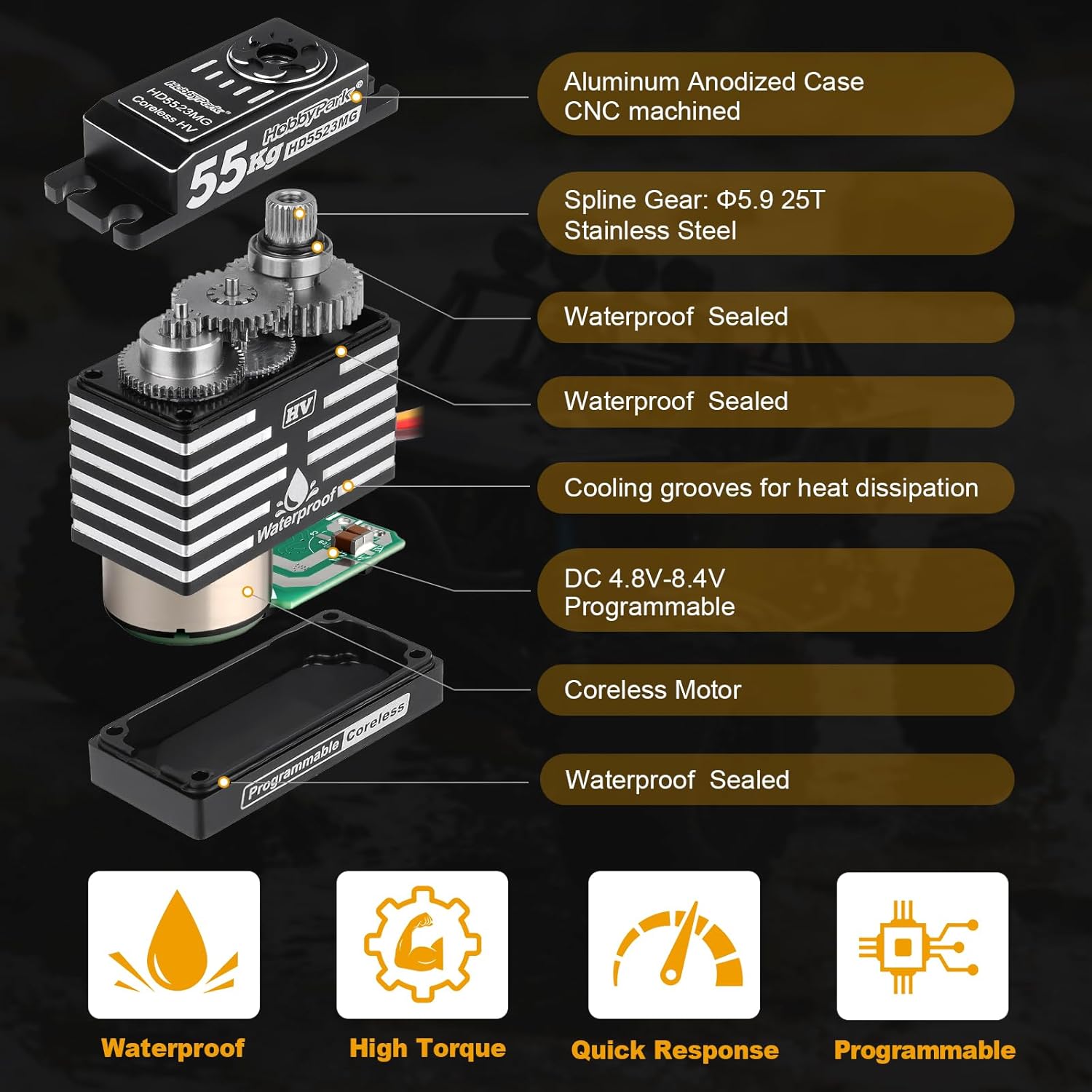 HobbyPark Waterproof RC Servo High Torque Coreless Motor Metal Gear Digital Servo Aluminum Case Parts for 1/8 1/10 RC Crawler SCX10 TRX4 RC Truck RC Car Buggy Basher Control Angle 180° (55kg Torque)