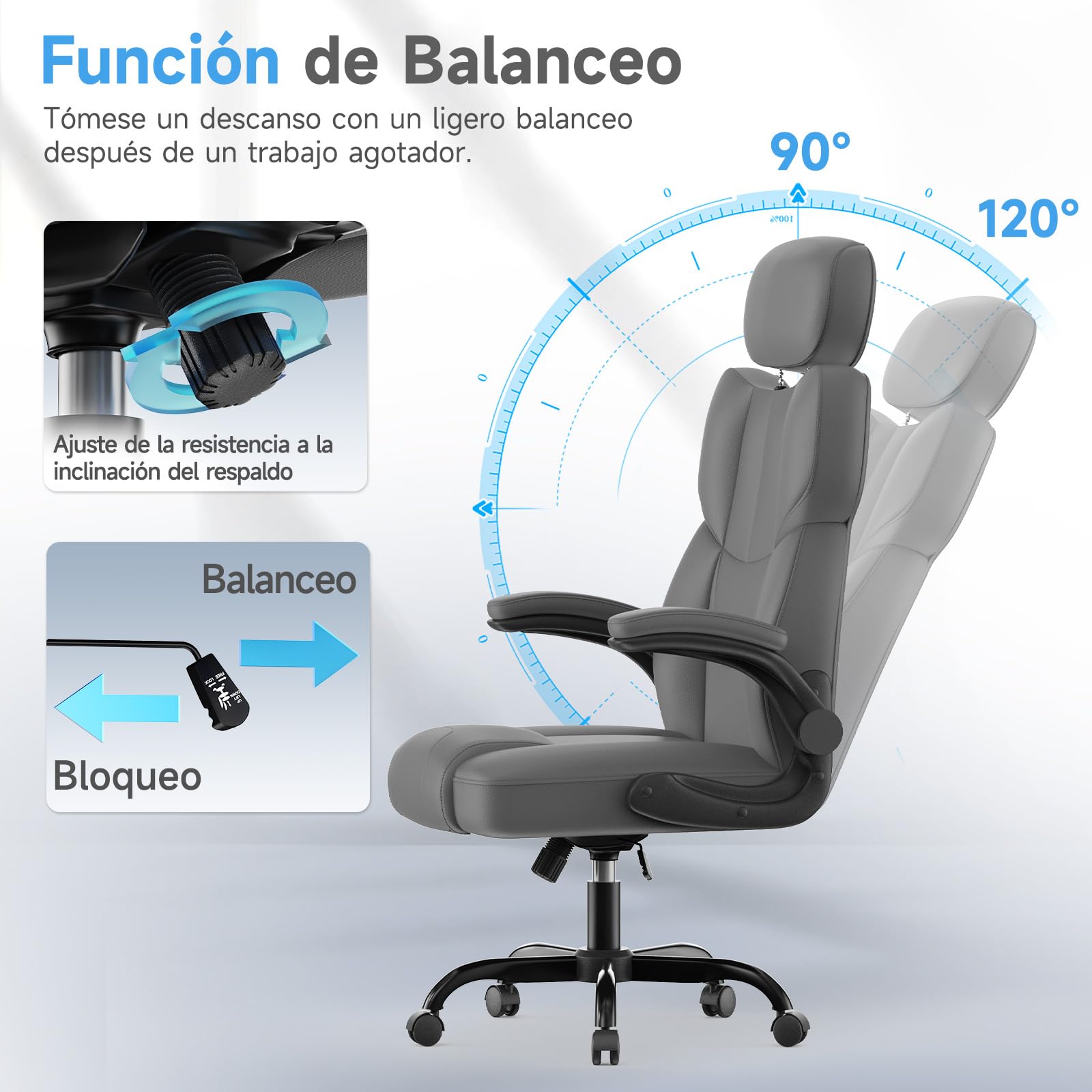naspaluro Silla de Oficina, Silla de Escritorio Ergonómica, Silla Giratoria con Función de Inclinación, Apoyabrazos Plegables, Silla Ordenador de Cuero PU con Reposacabezas Ajustable, Gris Oscuro