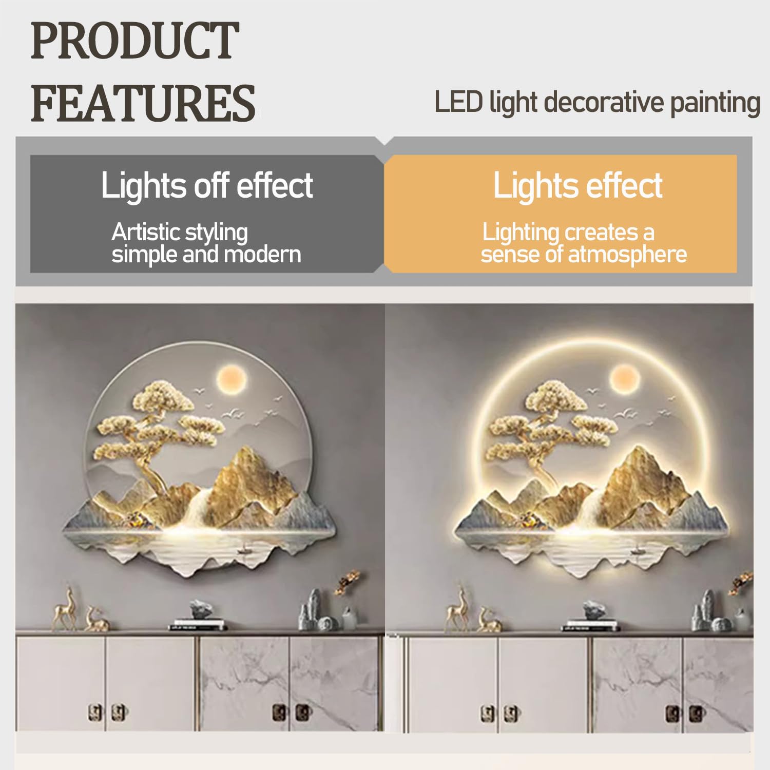 Malarstwo ścienne 3D Rzeźba wisząca na ścianie ， Dekoracja ścienna LED w stylu chińskim, dekoracja ścienna Zen Wall Art Nightlight, witający obraz ścienny z sosną(B,48 * 55cm)