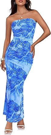 BTFBM Women's Floral Maxi Dresses Summer 2025 Strapless Tube Bodycon Mesh Layered Cocktail Party Wedding Guest Dress