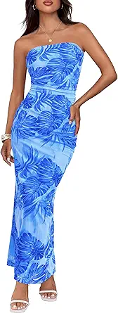 BTFBM Women's Floral Maxi Dresses Summer 2025 Strapless Tube Bodycon Mesh Layered Cocktail Party Wedding Guest Dress