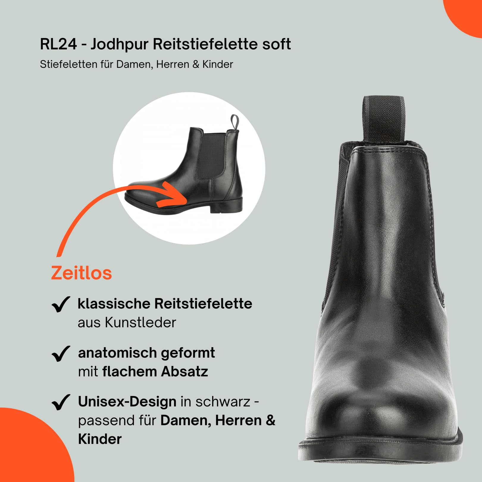 RL24 - Jodhpur Reitstiefelette soft | Kinder, Herren & Damen Stiefeletten | mit Elastikeinsatz & Pull-On | wasserdichte Chelsea Boots aus Kunstleder | schwarze Reitschuhe | Größe 28-46