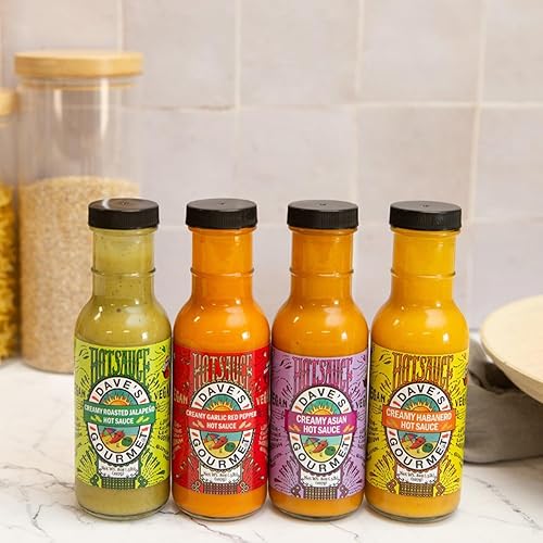 Miniatura 7 de Dave's Gourmet Salsa picante cremosa, paquete de 4 variedades, jalapeño, ajo, pimiento rojo y salsas asiáticas y habanero, calor medio, textura